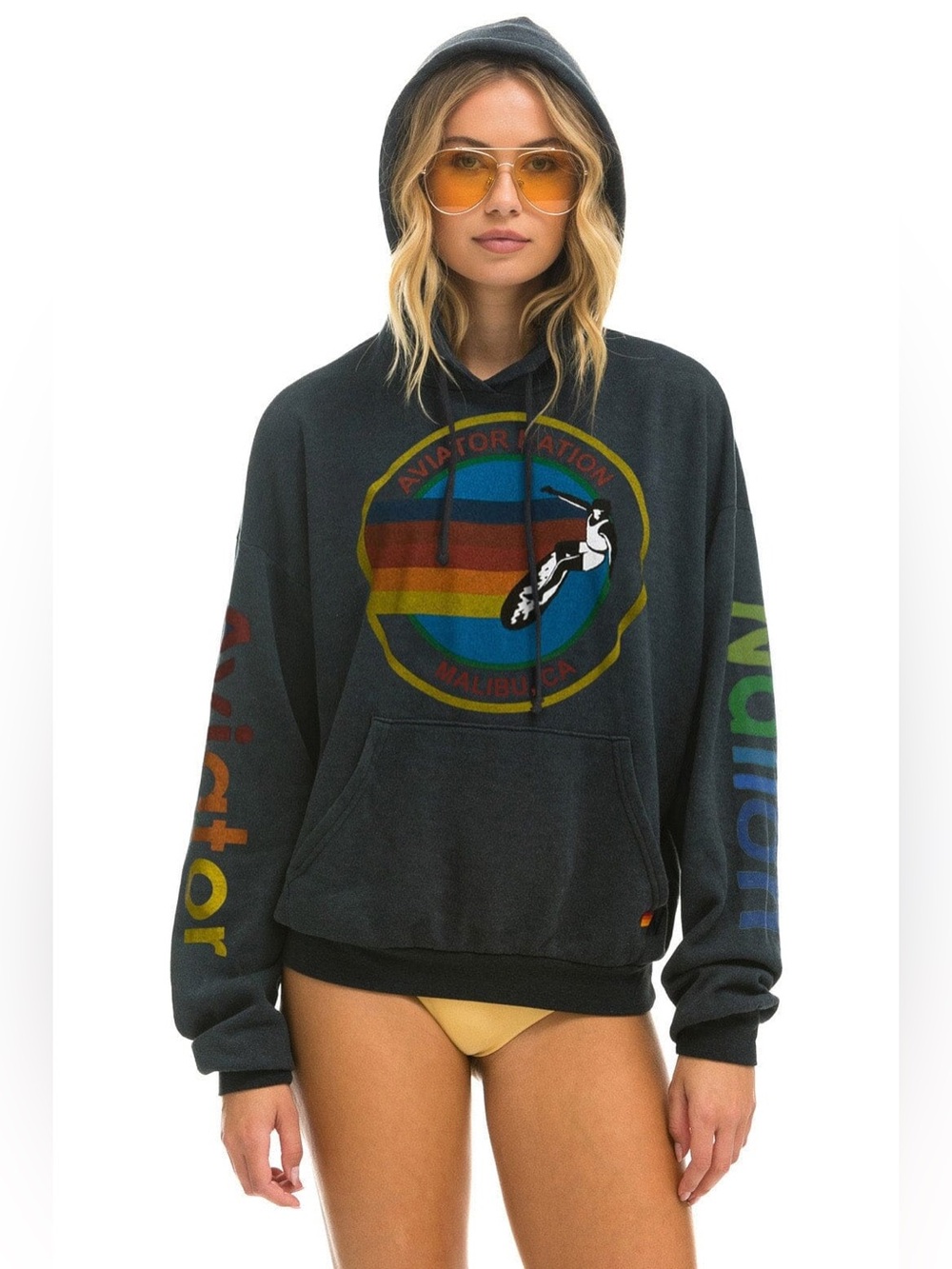 Aviator Nation Gray Hoodie with Rainbow Surf Graphic